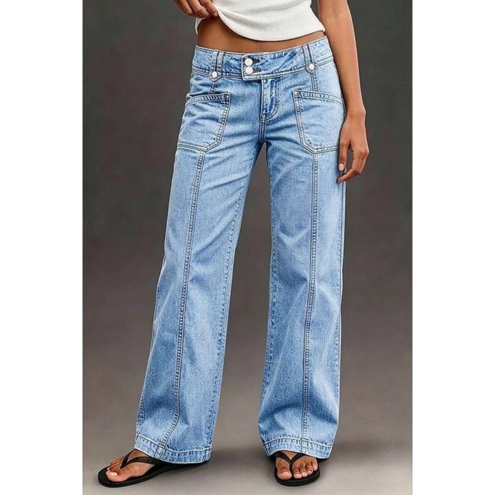 Flamingals Asymmetrical Stitch Detail Mid Waist Straight Leg Jeans Light Wash M